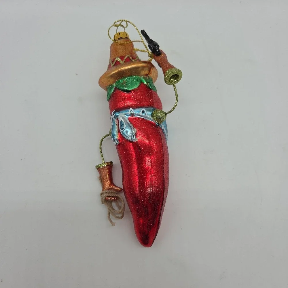 Red Hot Chili Pepper Cowboy Ornament Blown Glass Christmas Tree Decor Festive
